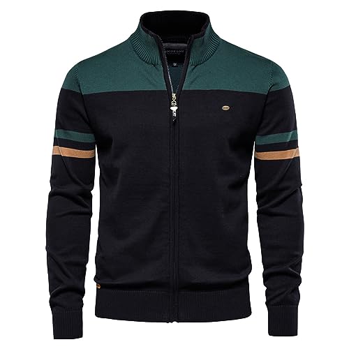 Mens Long Sleeve Zip Up Stand Collar Striped Color Block Polo Sweater Slim Fit Design for Casual Wear