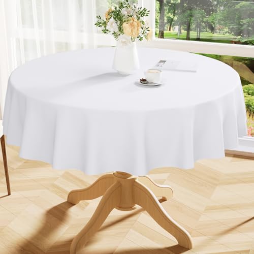 Image of Smiry Round Table Cloth 70 Inch, Waterproof Wipeable Vinyl Tablecloths Protector, Oil Spill Proof Plastic Table Cover for Dining, Picnic, Camping, Outdoor, White