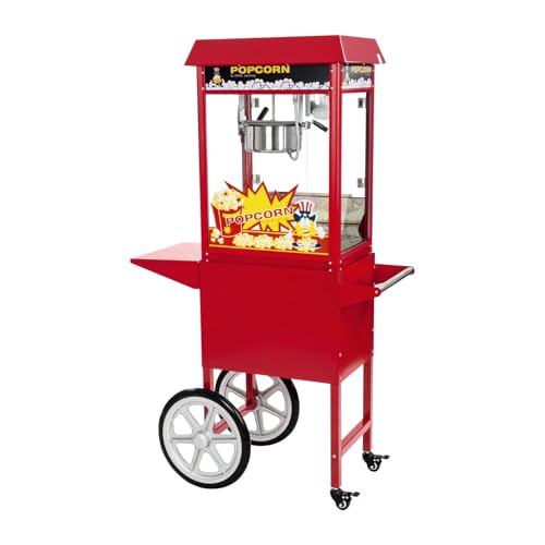 Royal Catering Machine À Popcorn Professionnelle (1500 W, 5 Kg/Heure, 16 l/h, Marmite ø18 cm, Revêtement antiadhésif, Rouge, Chariot, Utilisation Mobile)