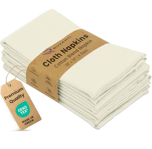 Image of Ruvanti Cloth Napkins Set of 4, 18x18 Inches Napkins Cloth Washable, Soft, Durable, Absorbent, Cotton Blend. Table Dinner Napkins Cloth for Hotel, Lunch, Restaurant, Wedding Parties - Ivory