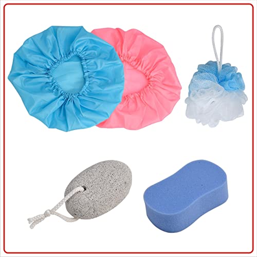 Image of Shower Cap Reusable Waterproof for Bathing Swimming (2)| Loofah for bathing Men and Women (2)| Body Wash Face Sponge (1)| Pumic Stone Foot Elbow Scrubber (1) Combo of 4 (unit 6)