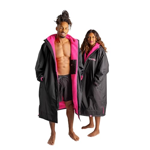 Dryrobe Advance - The Original Long Sleeve Waterproof Changing Robe - Oversized Coat with Fleece Lining - for Beach Cold Water Wild Swimming Surfing - Childs Age 5-9 - Black Pink