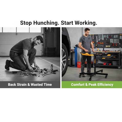 Image of Adjustable Height Mobile Work Table, Rolling Tool Cart - Heavy-Duty Steel Service Stand for Mechanics, Garage, Workshop & DIY Projects - 34 inch to 48 inch Portable Workstation