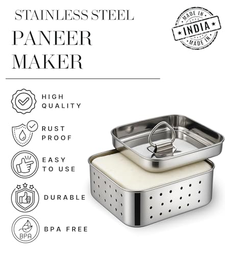Image of Stainless Steel Paneer Maker with Press Lid and Strainer Box - Square Paneer Mould for Homemade Paneer & Tofu, Perforated Drainage Design, Reusable Press Container for Kitchen Use