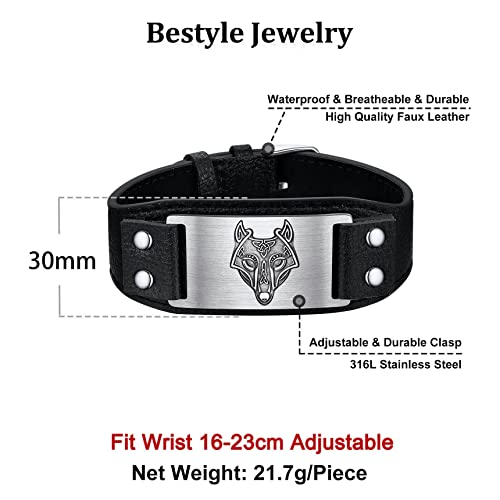 Punk Mens Leather Viking Wolf Head Bracelets For Men Boys Cool Stainless Steel Viking Bracelet Wolf Fenrir Tag Adjustable Leather Cuff Bracelets, Vintage Nordic Men Fashion Wrist Jewelry #TOP5