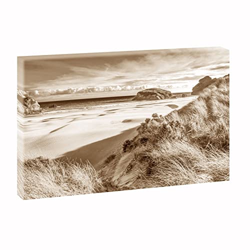 Bild auf Leinwand mit Landschaftsmotiv Stranddünen am Meer | 120 x 80 cm, Sepia, Wandbild, Leinwandbild mit Kunstdruck, Nordseebild mit Strandmotiv auf Holzrahmen gespannt, 80x120 cm Cover