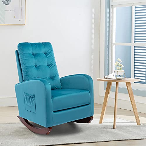 Rocking Accent Chair, Tufted Upholstered Luxury Velvet Lounge Chair, Glider Rocker Armchair with Side Pocket for Nursery, Living Room, Bedroom, Solid Wood Frame for 300 lbs Strong Support (Blue)