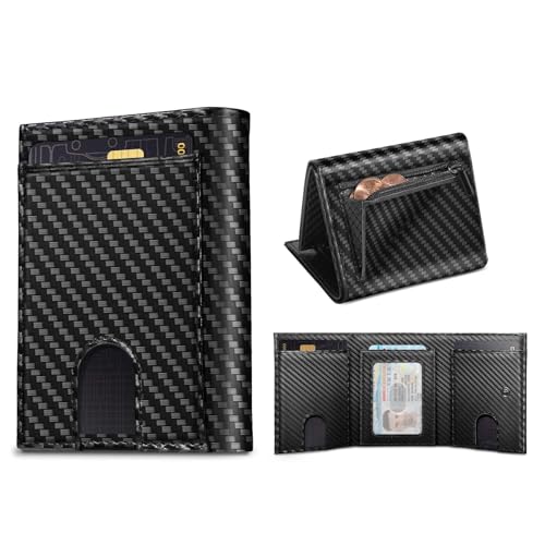 Trifold Wallet for Men - Real Leather Wallet with ID Window, RFID Protection, Coin Pocket & Card Slots - Premium Leather Wallet for Men (Carbon Fiber, Black)