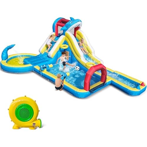 TOAOB Inflatable Water Slide for Kids 3-12: Blow Up Backyard Water Park with 480W Blower- 9 in 1 Shark-Themed with Long Slides Soccer Goal for Outdoor Birthday Party