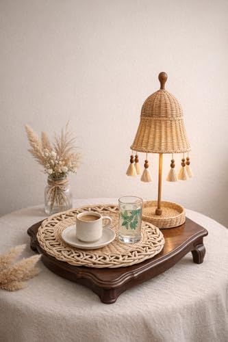 Set artesanal de rattan beige con paraguas y plato