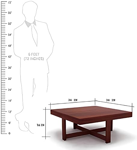 Image of Loonart Solid Sheesham Wood Coffee Table with Four Cushioned Stools | Idel for Living Room | Cafe | Restaurant | Space Saving Indoor Table Set | Finish Color - Mahogany Finish | Grey Cushion |