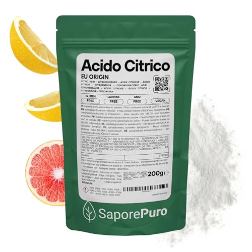 SaporePuro – Ácido Cítrico Monohidratado 200 g | Regulador de pH y Acidulante Alimentario | Sin Gluten | Puro y Soluble | Ideal para Mermeladas y Bebidas