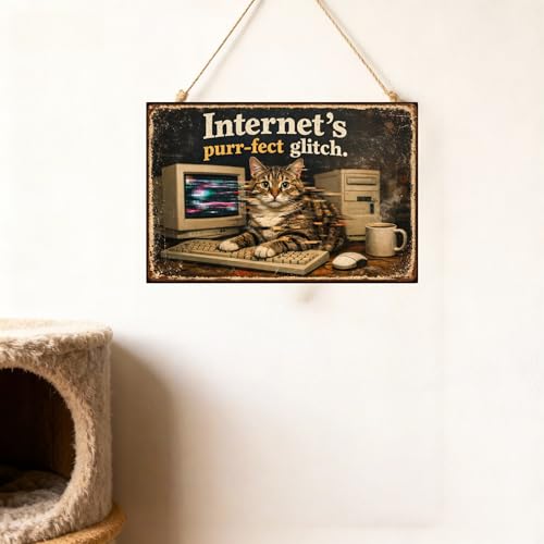 Internet’s Purr-fect Glitch Funny Cat Vintage Tin Sign Retro Tech Humor Metal Wall Decor Meme Artwork for Office Home 8x12 Inch Pre Drilled Holes - Image 3