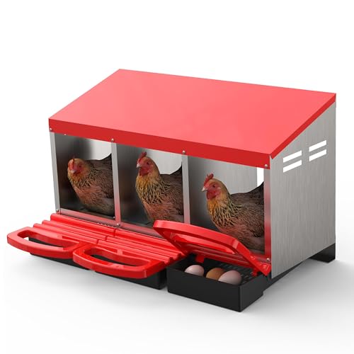 Metal Chicken Nesting Box with Easy-Collect Tray & Lid – 3/4/2x2 Compartment Heavy Duty Roll Away Nesting Boxes for Chickens, Wall Mount or Freestanding, Galvanized Steel Hen Laying Box for Coop