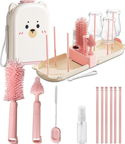 Image of Pink Travel Baby Bottle Cleaner Kit – 6-in-1 Portable Brush Set with Drying Rack & Storage Case | Baby Travel Essentials for Flying, Newborn Bottle Cleaning & Breast Pump Parts On-The-Go