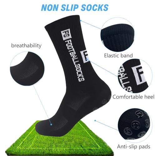 Image of Proberos Professional Football Socks & Shin Guard Sleeves Set, Rubber Anti-Slip Grip Pad Underlay Design, Breathable Absorb Sweat Soccer Sports Athletic Socks for Men and Women - Black