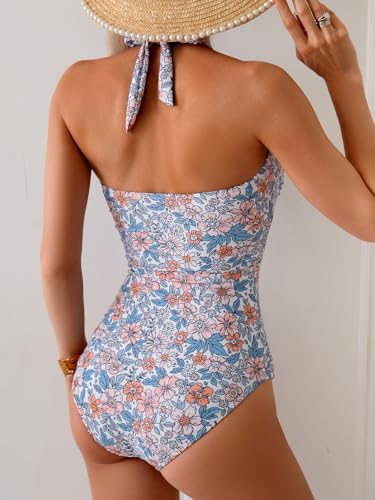 Image of Eomenie Women One Piece Tummy Control Swimsuit Halter Scallop Trim Bathing Suits 1 Piece Vintage Ruched Slimming Swimwear