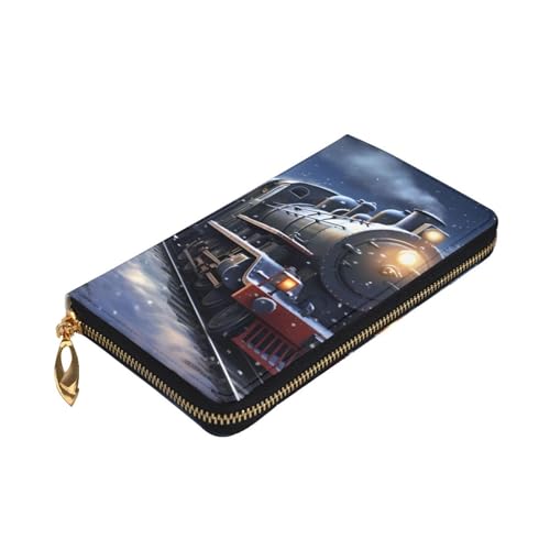 Winter Christmas Snow Night Railway Train Picture Leather Long Clutch Wallet for Fashionable Girls and Women - Durable, Stylish, and Functional, Black, One Size3
