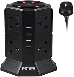 Extension Lead, PRITEK 8 Way Outlets Vertical Tower Power Strip with 4 Smart USB Charging Ports (5V/4.5A) 1000 Joules Surge Protector Extension Socket with 2m/6.5ft Extension Cord (Black)