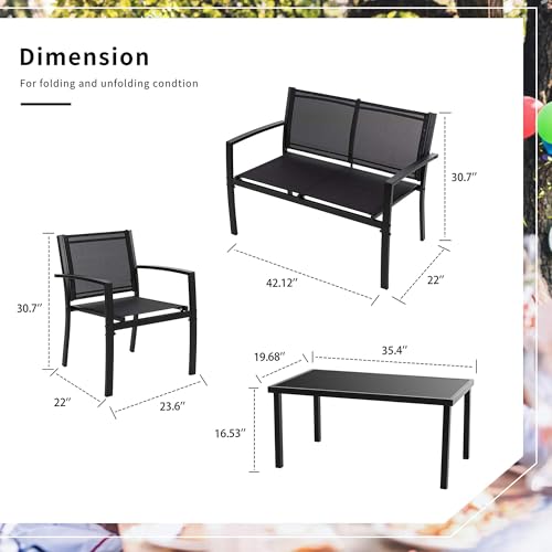 Shintenchi 4 Pieces Patio Furniture Set All Weather Textile Fabric Outdoor Conversation Set, with Glass Coffee Table, Loveseat, 2 Single Chairs for Home, Garden, Lawn, Porch(Black) - Image 3