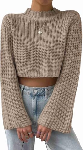 Horn-Sleeved Sweater Women's Crew Neck 2024 Fall Long Sleeve Pullover Knit Tops Solid Color Casual Sweater