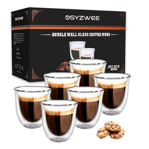 DSYZWEE Double Wall Borosilicate Glass Espresso Cups, Espresso Cup Set (6 x 80ml), Tea Glass Caffee Cups, Handcrafted Artisan - Strong, Vacuum Insulated