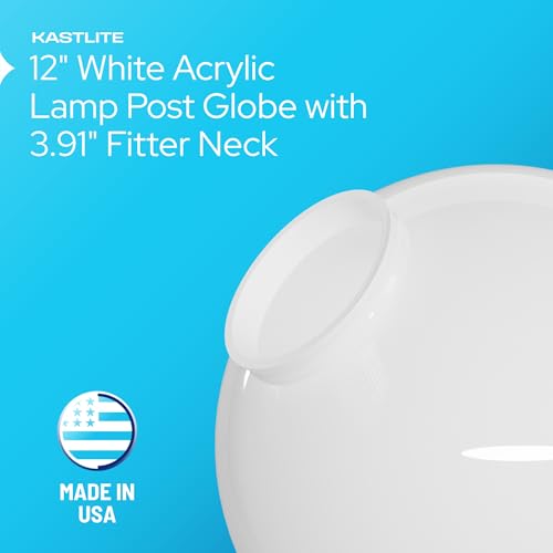 Image of 12 inch Acrylic Lamp Post Globe | Street Light Replacement Light Cover | Smooth Finish | Manufactured in USA | White Globe with 3.91 inch Fitter Neck | Plastic Street Light Cover - Made in USA, UV Resistant - Outdoor Yard & Pathway Lighting Diffuser - Not Glass