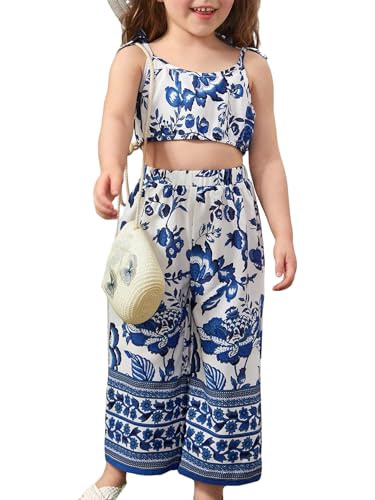 Image of Floerns Girl's 2 Piece Outfit Floral Print Tie Shoulder Cami Top and Pants Set