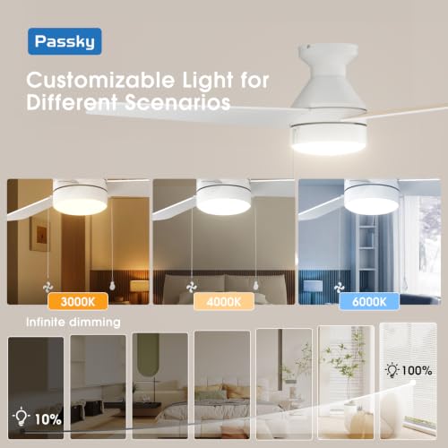 Image of Passky 52 Inch White Low Profile Ceiling Fan with Light, Pull Chain&Remote | Flush mount, pull chain, remote, 3-color dimmable light, quiet reversible DC motor, easy install, memory, timer, bedrooms