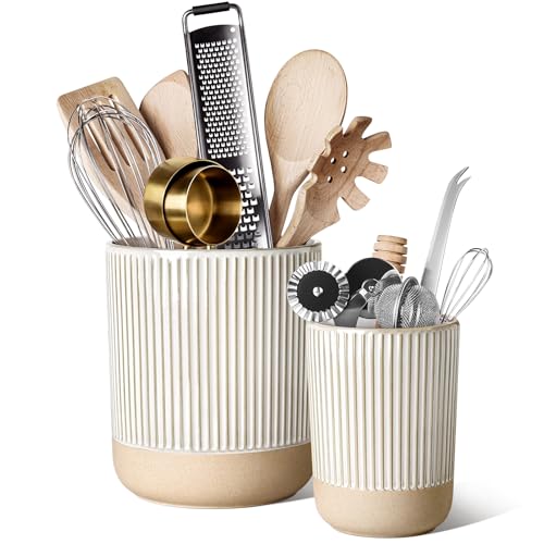 LE TAUCI Ceramic Kitchen Utensil Holder Set of 2 – 6.9″+5.3″ Large Cooking Utensil Crock & Organizer for Spatula, Spoon, Whisk – Farmhouse Countertop Storage, Cream Beige, Line