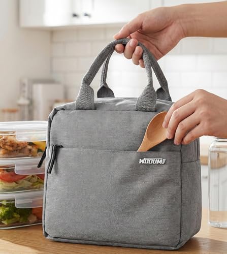 Image of Wooum Lunch Bag for Men & Women, Office Tiffin Bag, Travel Lunch Pouch with Handle, Water Resistant Lunch Box, Insulated Tiffin Bag for School, College, Picnic - Navy Blue (Light Grey)