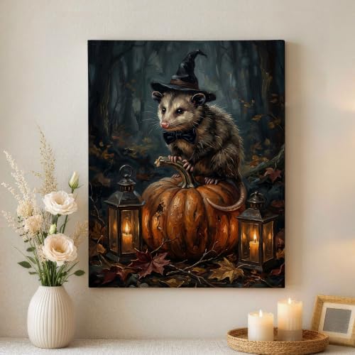 Lienzo decorativo de zarigüeya y calabaza naranja para llenar de calidez tu hogar