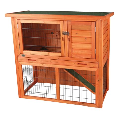 TRIXIE natura Outdoor Rabbit Hutch with Run - 2-Story Rabbit Cage with Non-Slip Ramp - Medium Elevated Small Animal House with Secure Playpen, Hinged Roof & Pull-Out Tray - in Brown