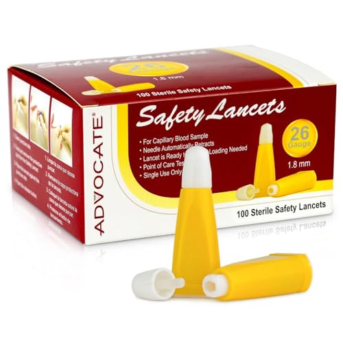 Pressure Activated Safety Lancets, 26G 1.8mm Box of 100, Advocate Single Use Glucose Testing Lancing Device with Automatic Retractable Needle for Blood Sugar Sampling