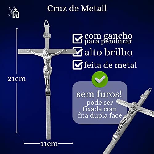 Crucifixo de Metal de Parede Prata Estilizada Pequena Decorativa 20cm Elegante Moderno Metalizada Cr