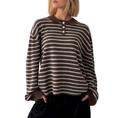 Womens Striped Polo Sweater Vintage Aesthetic Preppy Long Sleeve Oversized Knitted Rugby Shirts Sweatshirt
