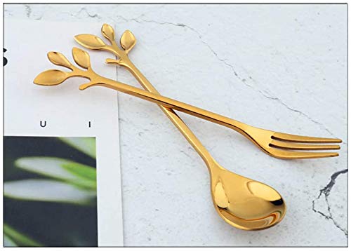 Image of Stainless Steel Creative Tableware Leaf Dessert Spoon & Fork, Coffee,Sugar,Mixing,Tea,Stirring,Cake & Icecream,Stir Bar Gold Set - Set of 1 Leaf Spoon & 1 Leaf Fork (Gold)