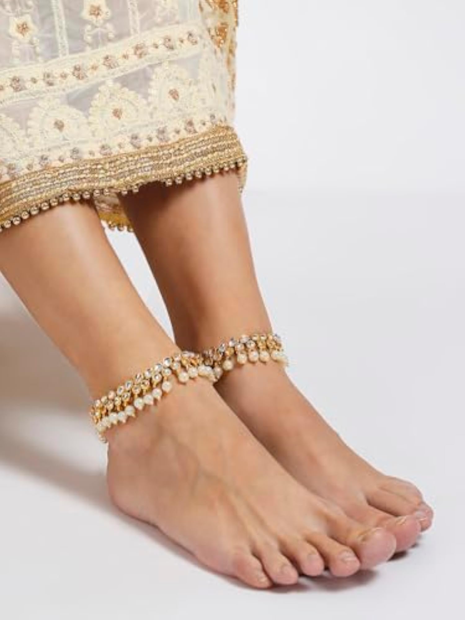 Women's Gold Tone Kunadn & Pearl Ethnic Payal Anklets, Stylish