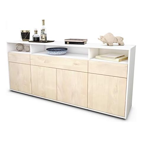 Stil.Zeit Sideboard Ezia - Korpus Weiss matt - Front Holz-Design Zeder Push-to-Open Technik & Leichtlaufschienen Cover