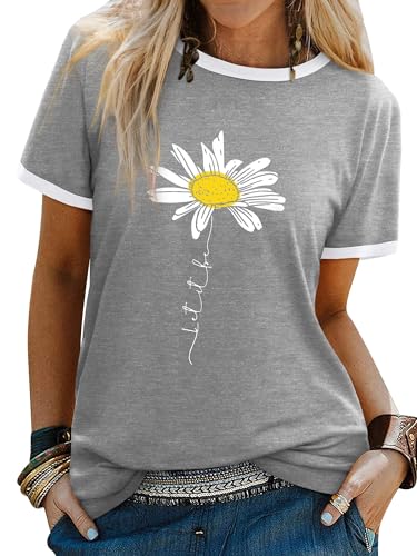 Dresswel Women Let It Be T Shirt Daisy Flower Graphic Print T-Shirt Crew Neck Short Sleeve Tee Tops(2-Gray,L)