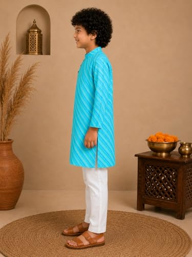 Image of superminis Cotton Boys Sanganeri Lehariya Printed Kurta Set with White Pyjama Elastic Closure