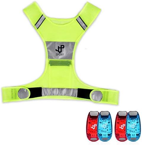 Running Vest and 4 LED Safety Light Set The Perfect Waterproof Running Light and Reflective Vest for Jogging Cycling Biking Strobe Light (L/XL)