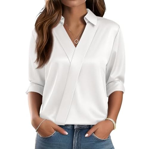 LOMON Long Sleeve Shirts for Women Dressy V Neck Satin Blouses Silk Tops