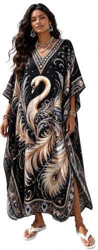 Women Caftan Black Background Golden White Swan Art Print, Caftan for Women Plus Size Dress, Loose Moomoo Dress, Batwing Side Split Beach Coverup Bathingsuit Coverup Summer Pool Wear LS-304-12