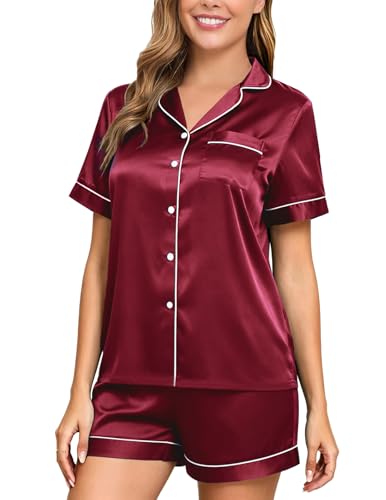 Image of Veseacky Women Satin Pajamas Set 2 Piece Button Down Short Sleeve Soft Sleepwear with Pockets