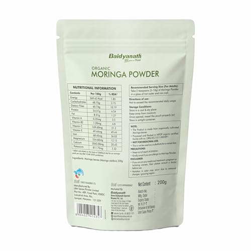 Image of Baidyanath Ayurved Certified Organic Moringa Powder 200 gm | Pure Moringa (Drum Stick) Powder | Green Superfood for Energy, Immunity & Daily Wellness | Plant-Based Herbal Nutrition Supplement