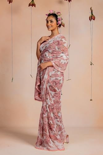 Image of MIRCHI FASHION Saree for Woman Georgette Floral and Leaf Printed | Elegant Farewell and Ceremonial Women's Sari with Blouse Piece