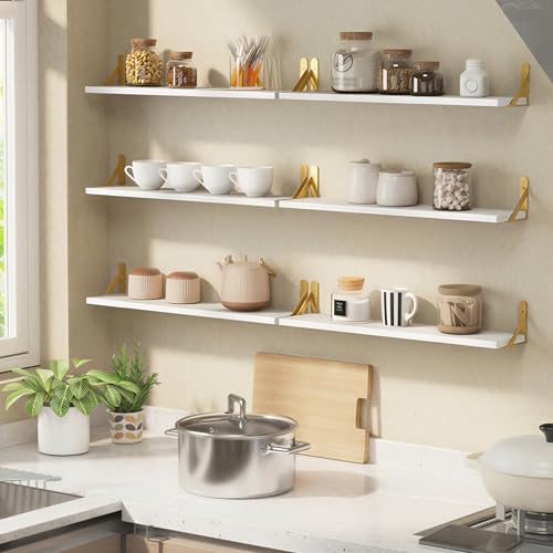 Image of YGEOMER White Floating Shelves for Wall, Farmhouse 23.6 Inch Wall Shelves for Bedroom, Bathroom Storage, Living Room and Kitchen Decor (Set of 6 White)