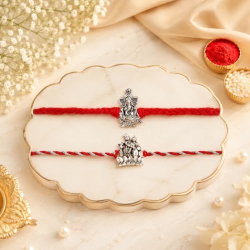 Image of CraftVatika Silver Plated Rakhi Set of 2 for Brother Boy Men, Designer Ganesha Radhe Krishna Rakhi for Brother, Premium Thread for Rakshabandhan Festival with Best Wishes Card and Tillak Set for Him