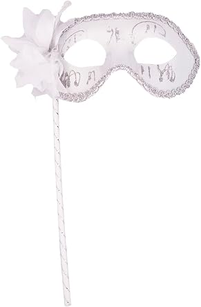AZYOUNG Womens Black Silver White Painted Half Face Masquerade Mask on Stick with Side Feather Flower